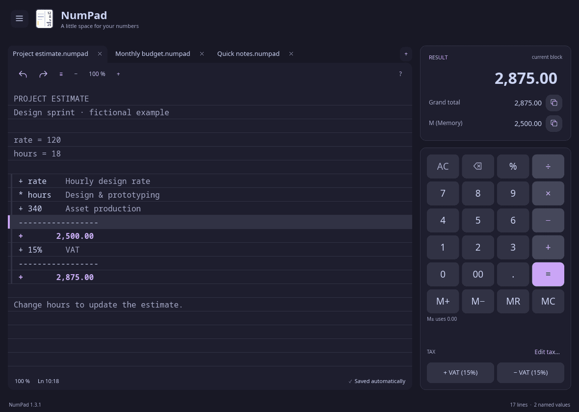 NumPad بالسمة الداكنة: تقدير مشروع بأسعار مسمّاة وضريبة القيمة المضافة