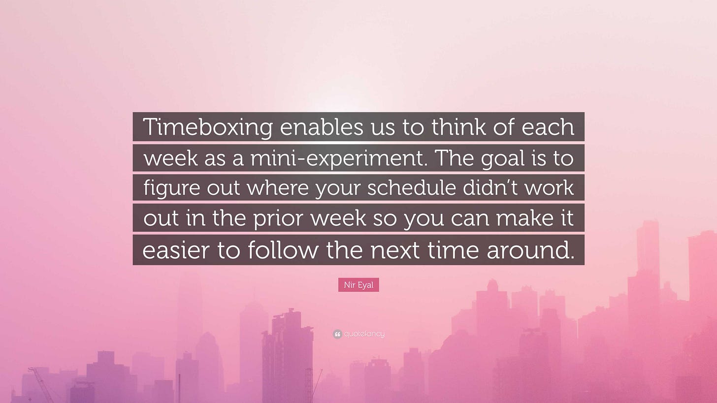 Nir Eyal Quote: “Timeboxing enables us to think of each week as a mini-experiment. The goal is to figure out where your schedule didn't w...”